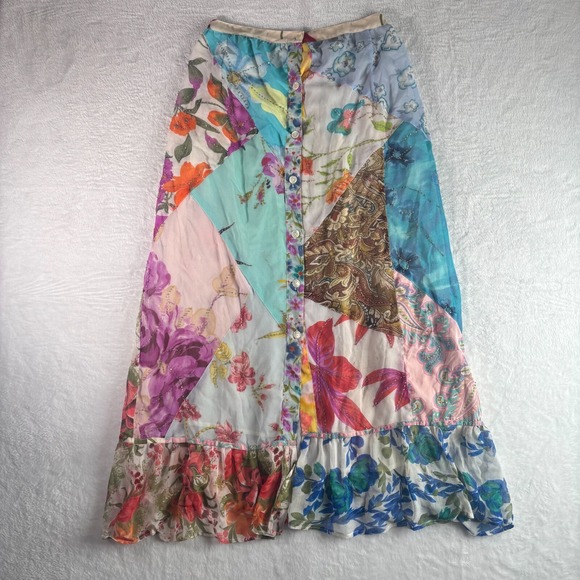 Sacred Threads Chiffon Patchwork‎ Ruffle Hem Beaded Button Front Skirt Womens S - Picture 2 of 12